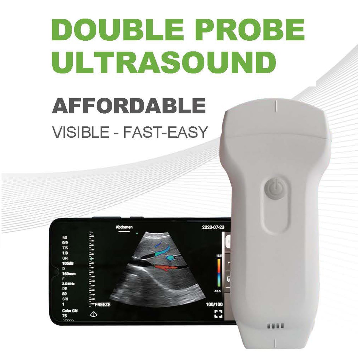 3-in-1 Double Heads 128 Elements Color Doppler Wireless Ultrasound Probe Convex/Linear/Phased array support iOS Android Windows