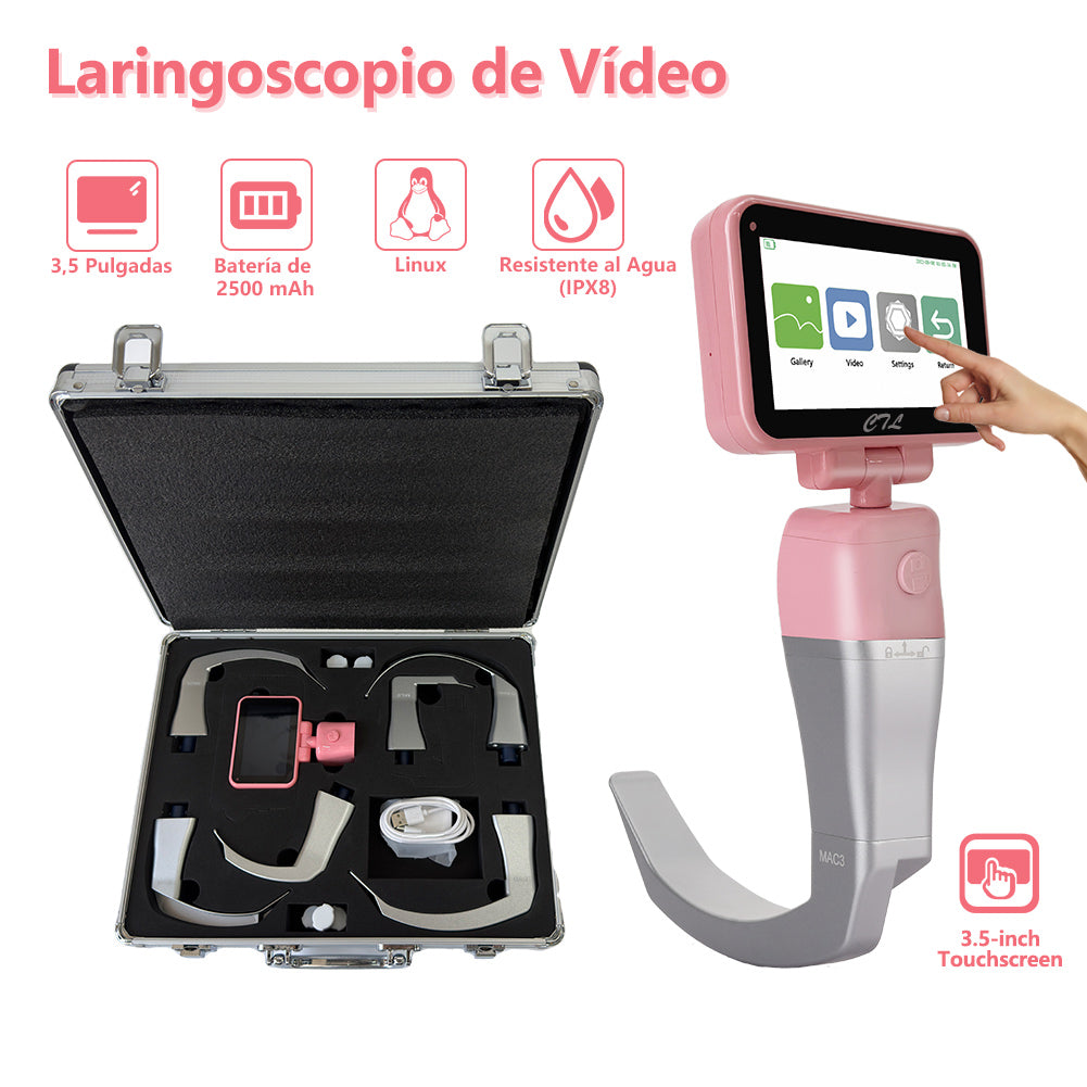Pink Display Reusable Video Laryngoscope for Intubation, 3.5 inch Display with 6 Blades Optional（Pink）